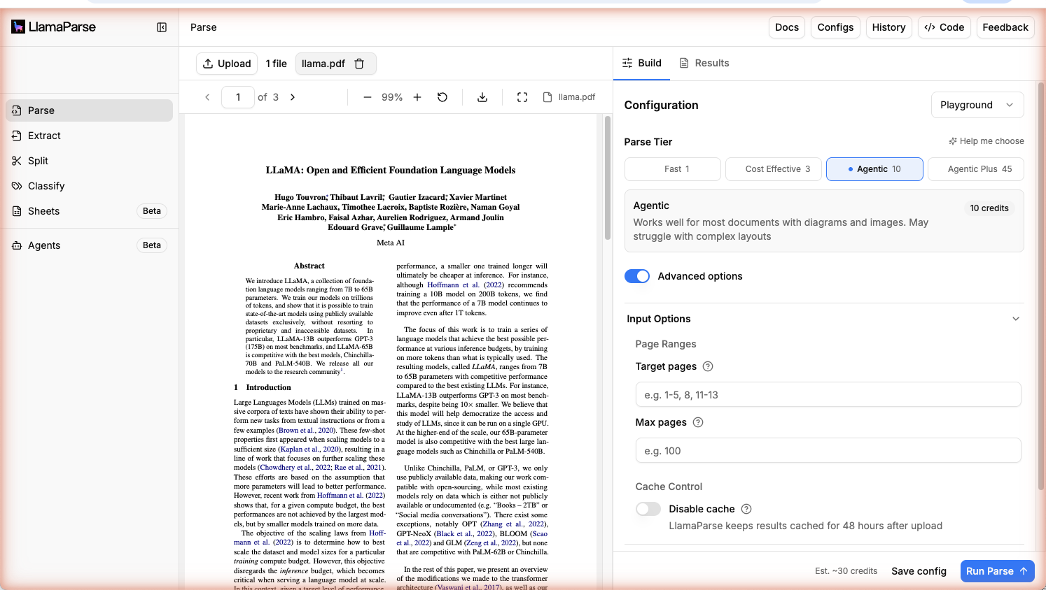 Parse Web UI upload view: llama.pdf loaded in the file list on the left, tier picker on the right with Agentic selected, and Advanced options showing input controls like page ranges and cache control.